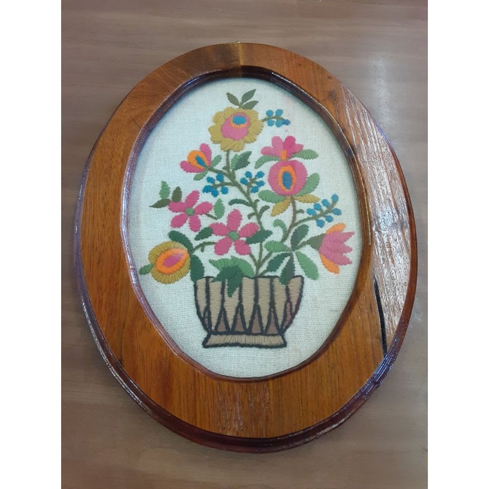 Vintage Framed Embroidery Flowers in Pot Handmade